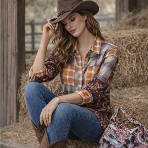 Cotton Shirt Button-Front By CATO | Sz L Plaid Autumn Colors | 3/4 Sleeve | Nice